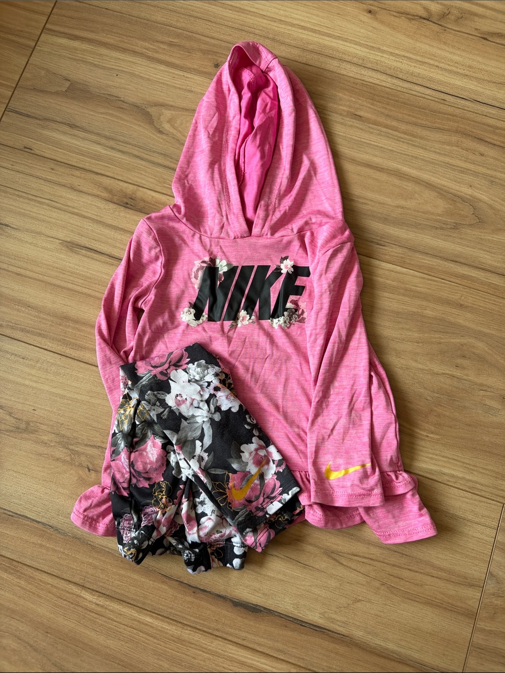 Nike Girls' Pink Hoodie with Floral Black Shorts